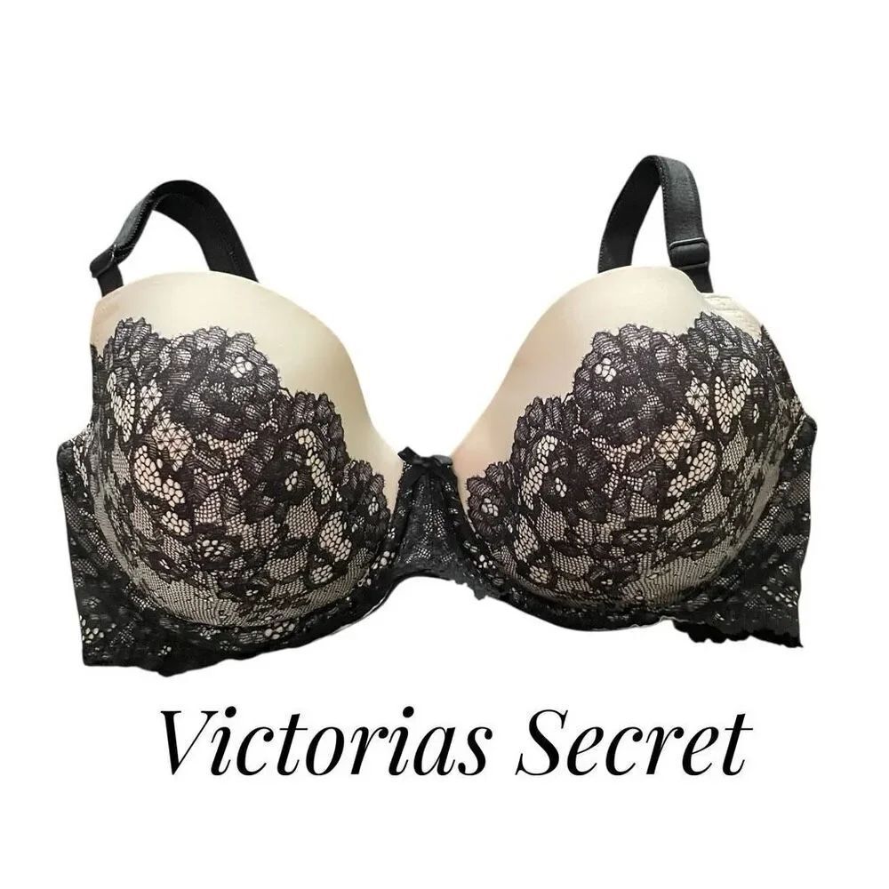 Victoria's Secret 36DD Dream Angles Lined Demi Buste Bra Black White Lace
